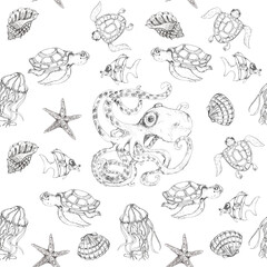 Undersea nautical  monochrome print sketch sea life vintage style seamless pattern 