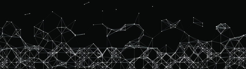 Abstract digital background of points and lines. Glowing black plexus. Big data. Network or connection. Abstract technology science background. 3d vector illustration.