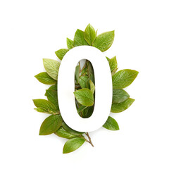 Number zero shape with green leaves. Nature concept. Flat lay. Top view