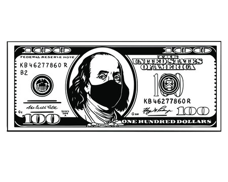 100 dollar bill with masked Benjamin Franklin. Money. Portrait.