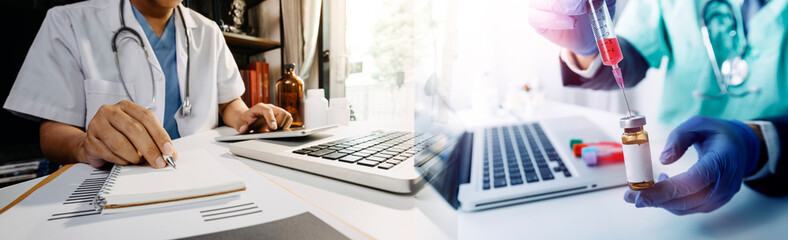 doctor or scientist with a stethoscope holding COVID-19 vaccine, Healthcare And Medical concept,...