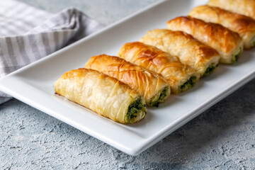 Turkish borek rolls with spinach and cheese on the white plate. A traditional Turkish pastry, Turkish name; rulo borek or sigara boregi. 