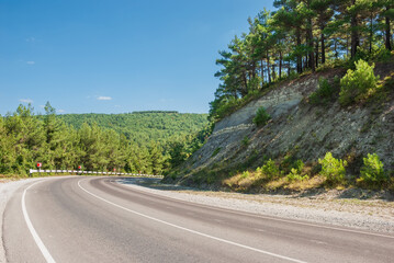 Fototapeta premium Mountain landscape. Mountain road, going away against the background of a blue sky and pines.