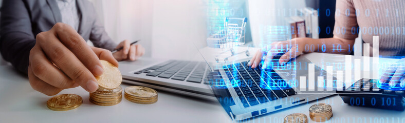 Fototapeta premium Data Search Technology Search Engine Optimization. man's hands are using a computer notebook to Searching for information. Using Search Console with your website.