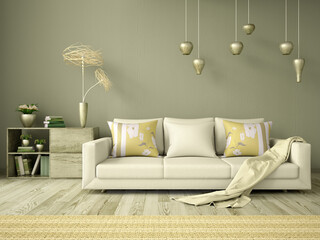 Interior design of a modern living room in green, with a sofa and a pastel plaid and plants, 3d rendering