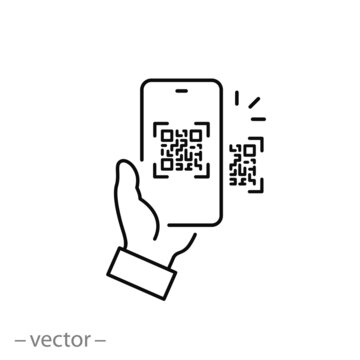 scan qr code icon, payment hand with phone, scanner app, thin line symbol on white background - editable stroke vector eps10