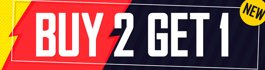 Obraz premium Buy 2 Get 1 Free, sale web banner design template, discount horizontal poster, vector illustration