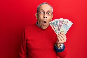 Handsome senior man with grey hair holding egyptian pounds banknotes scared and amazed with open mouth for surprise, disbelief face - obrazy, fototapety, plakaty