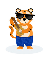 A cheerful striped tiger in glasses and beach clothes with a guitar, the symbol of 2022. Vector illustration isolated on a white background drawn by hand. For printing children's , postcards, posters.