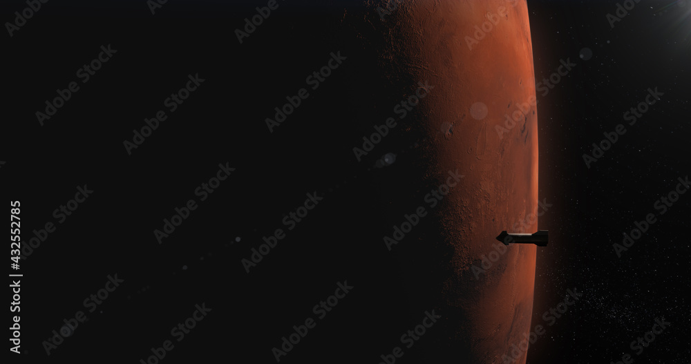 Wall mural wide spaceship rocket approaching planet mars, space colonization concept. realistic 3d rendering