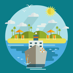Flat-style illustration of a landscape with a steamboat, beach, sea, sun loungers and palm trees.