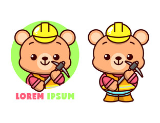 CUTE BROWN BEAR IN WORKER UNIFORM AND BRINGING A PICKAXE AND WEARING YELLOW HELMET. HIGH QUALITY CARTOON MASCOT DESIGN.