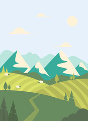 Mountain landscape in flat style with fields, trees and sheep.