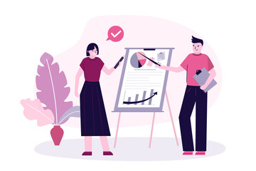 Office workers at conference provide company statistics. Employees discuss issues at business meeting. Business analytics presentation and discussion concept. Team brainstorm. Flat vector illustration