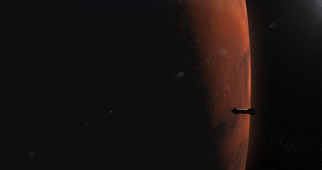 WIDE Spaceship rocket approaching planet Mars, space colonization concept. Realistic 3D rendering