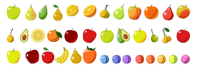 The most popular fruits are fruit trees in the tropics and temperate climates. Cartoon flat style. Apples, pears, plums, bananas, oranges, lemons, persimmons, avocados. Set. Vector
