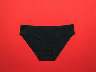 Classic women's black panties on a bright red background. Flat lay.