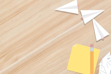 Post it note business professional startup desk. Paper airplane ready to launch. 