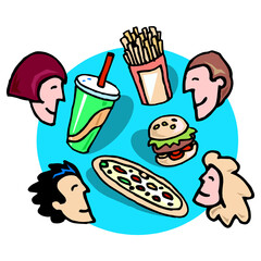 Food chosen sign. Two guys and two girls chose a drink, pizza, fries and a hamburger