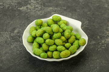 Spicy wasabi peanuts in the bowl