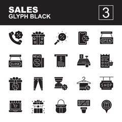 Icon set Sales made with glyph black technique, contains a call discount, gift box, unboxing, jeans, bill, online shopping, barcode, phone discount and more. You can be used for web, mobile and ui.