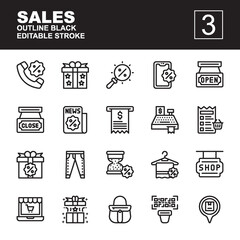 Icon set Sales made with outline black technique, contains a call discount, gift box, unboxing, jeans, online shopping, barcode, bill and more. You can be used for web, mobile and ui. Editable stroke.