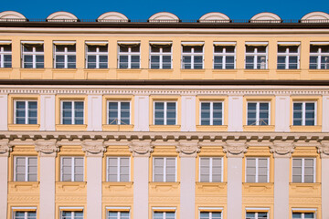 Fototapeta na wymiar Facade of Old Building from XIX Century and rebuild after II World War. Munich, Germany, May 2014