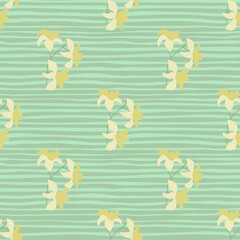 Hand drawn botanic seamless pattern with simple green hawaii flower shapes. Green striped background.