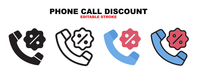 Phone Call Discount icon set with different styles. Icons designed in filled, outline, flat, glyph and line colored. Editable stroke and pixel perfect. Can be used for web, mobile, ui and more.