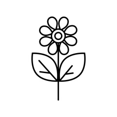 Black and white simple flower icon with petals, stem and leaves. Seedlings, Summer flower, chamomile. Gardening, floriculture, agriculture. Vector illustration isolated on white background