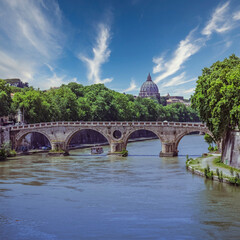 Rome Italy, Tiber river bridge and panoramic city view under impressive sky