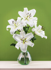 Bouquet of white lilies in a vase on a green background