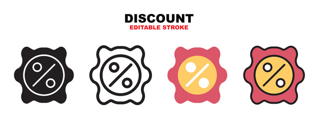 Discount icon set with different styles. Icons designed in filled, outline, flat, glyph and line colored. Editable stroke and pixel perfect. Can be used for web, mobile, ui and more.