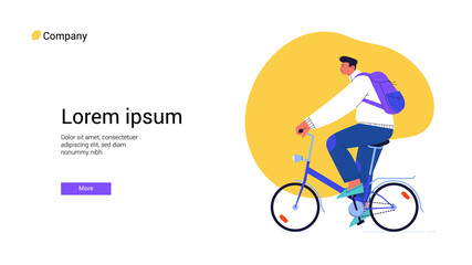 Webpage template with a flat illustration of a male cyclist riding blue folding bike with an abstract yellow shape on the background