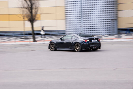 Ukraine, Kyiv - 26 April 2021: Blue Toyota GT86 car moving on the street. Editorial