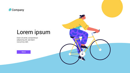 Fototapeta na wymiar Webpage template with a flat illustration of a female cyclist wearing a yellow shirt riding fixed gear bike under the sun