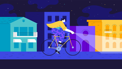 Naklejka premium A woman wearing yellow t-shirt riding a fixed gear bicycle on the street of a city in the night under the stars