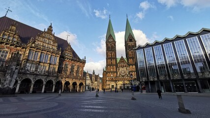 Bremen, Germany. Architechture between cathedral "Bremer Dom", parliament "Bremische Buergerschaft" and "Rathaus Bremen". Gothic-style vs. modern glass. 