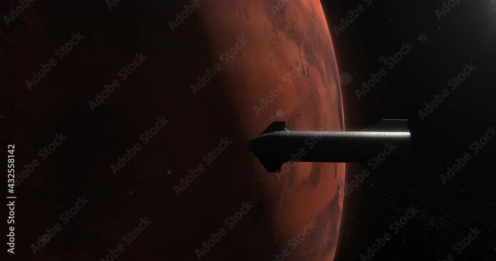 Poster med spaceship rocket approaching planet mars, space colonization concept
