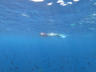 Naklejka premium Silhouette of scuba diver and sunlight in the blue water