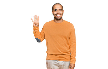 Hispanic adult man wearing casual winter sweater showing and pointing up with fingers number four while smiling confident and happy.