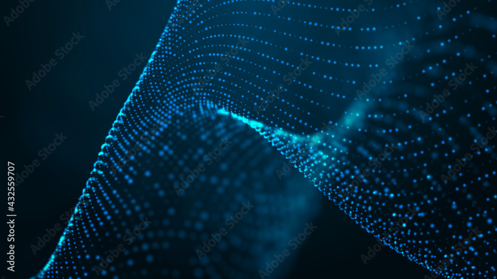 Poster abstract digital background. futuristic wave of dots and weave lines. digital technology. 3d renderi