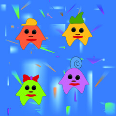 figures of different colors and shapes on a multi-colored background