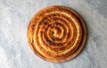 Turkish Tepsi Boregi, Round Borek, Tray pastry (Turkish name; rulo borek)