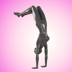 Gray female handstand mannequin with bent legs against a pink backlit background. 3d rendering