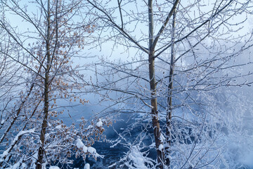 landscape. Morning on the river. Severe frost. Evaporation from water.