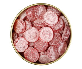 Sour cherry candies in round golden metal tin container, box isolated on white background, top view