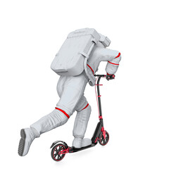astronaut is riding a scooter on white background rear view