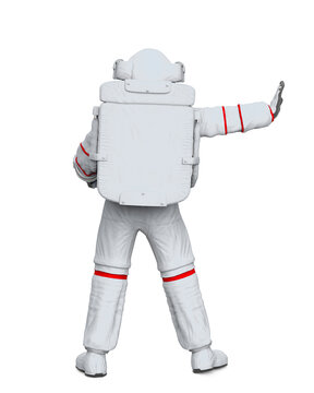 astronaut saying stop there on white background rear view