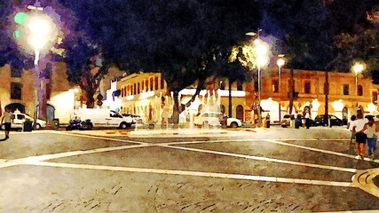 Obraz premium The nocturnal glimpse of the square of a town in Sardinia in Italy.